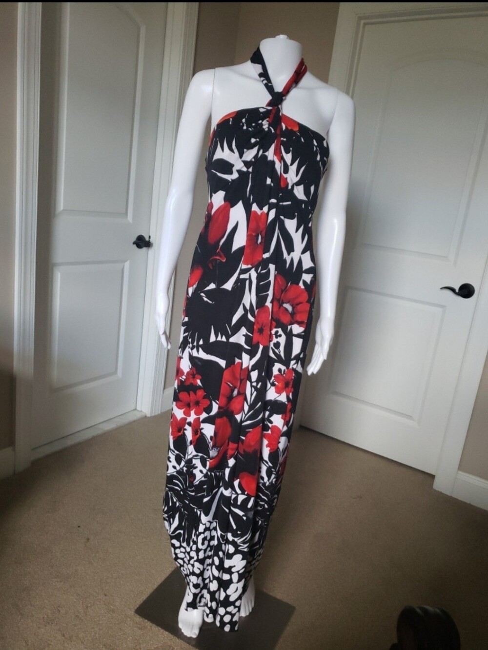 White House Black Market Black White and Red Floral Halter Maxi Dress